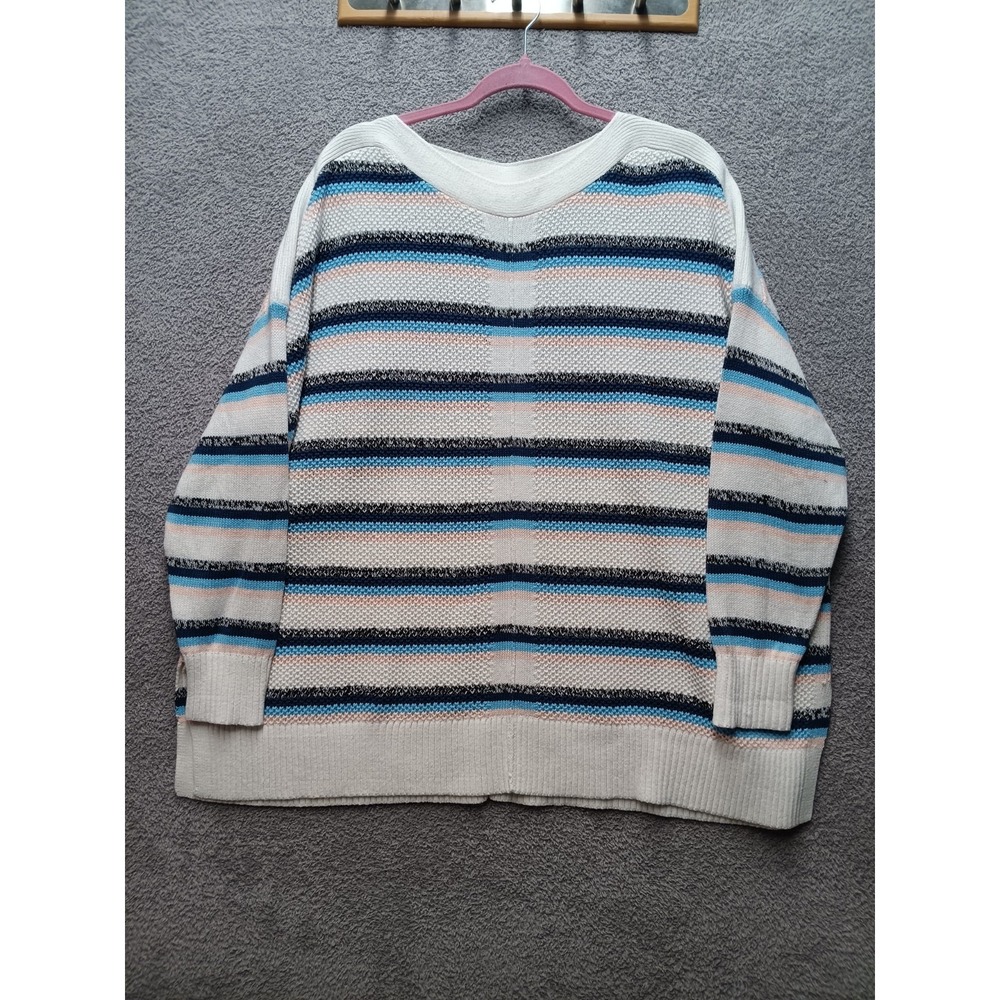 LOFT Women's Striped Knit‎ Sweater White Blue Pink Size XL Oversized Beach Soft